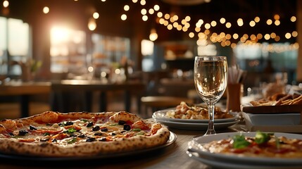 Fototapeta premium Inviting Restaurant Scene with Pizza Wine and Festive Lighting : Generative AI