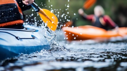 Naklejka premium Dynamic Water Kayaking Action Shot with Splashing Paddles and Orange Kayaks : Generative AI