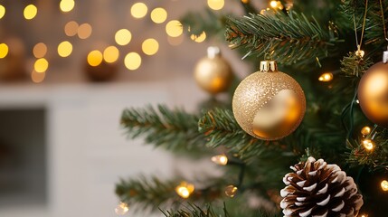 Stylish Christmas tree decorated with gold ornaments and glowing bokeh lights for festive home decor : Generative AI