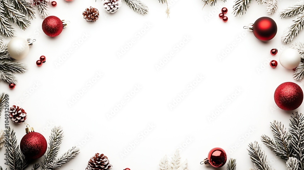 Poster Christmas Background Frame with Pinecones and Red Ornaments : Generative AI