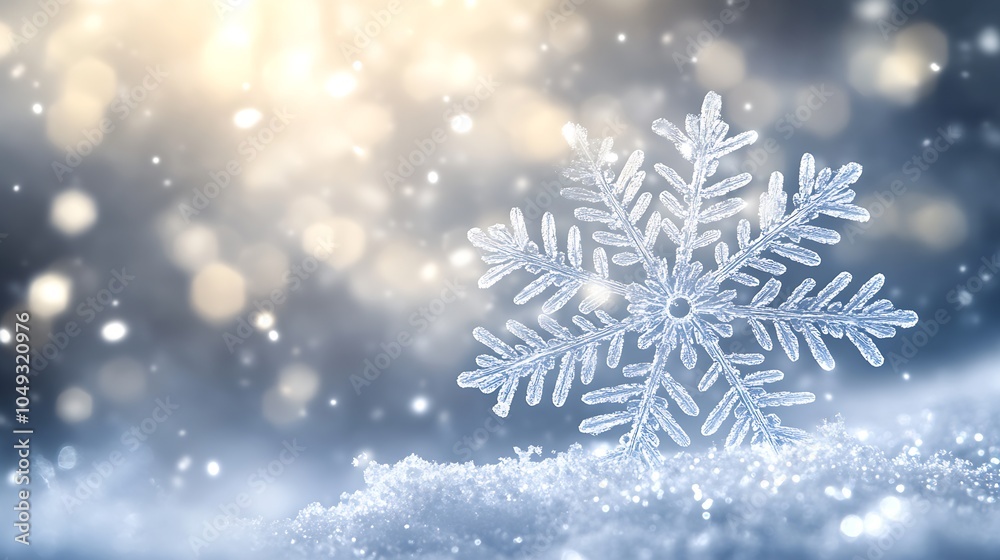 Aufkleber Delicate Snowflake on Frosty Surface with Ethereal Light and Blurred Snowy Bokeh Background : Generative AI