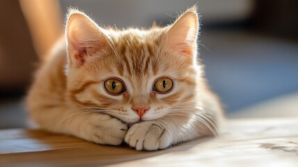 Cute Ginger Kitten Relaxing on Wooden Surface with Warm Sunlight : Generative AI