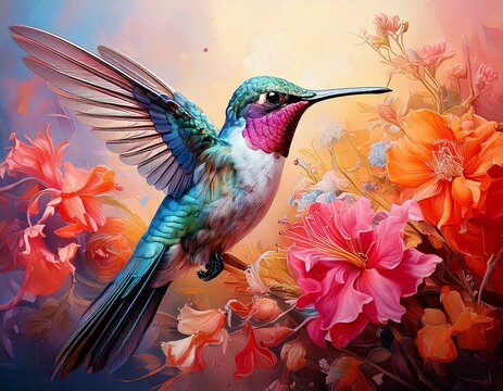 Pastel painting, hummingbird among flowers searching for food, pastel painting technique with Ubuntu color palette, soft blending, intricate details, soft, vibrant, layered
