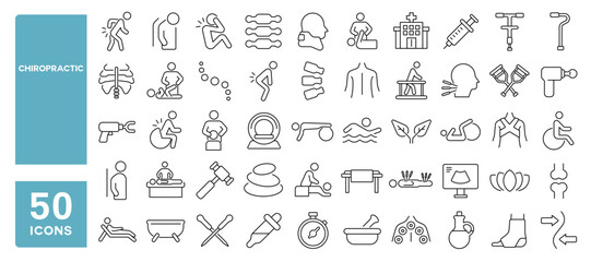 Set of 50 line icons related to chiropractic, spine, joint, restoration, scoliosis, kyphosis, baseline, posture, Editable stroke. Vector illustration