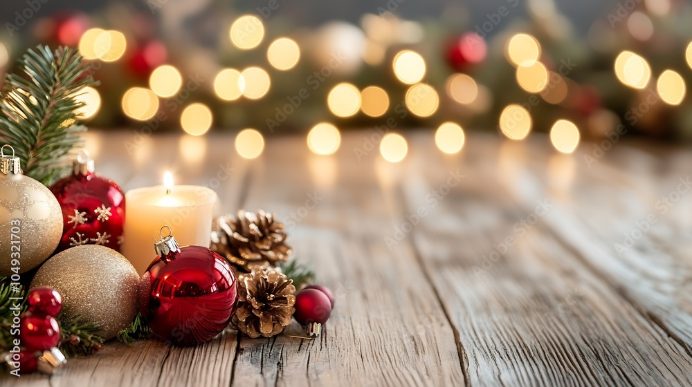 Poster Festive Christmas Arrangement with Candles and Pinecones on Rustic Wooden Background : Generative AI
