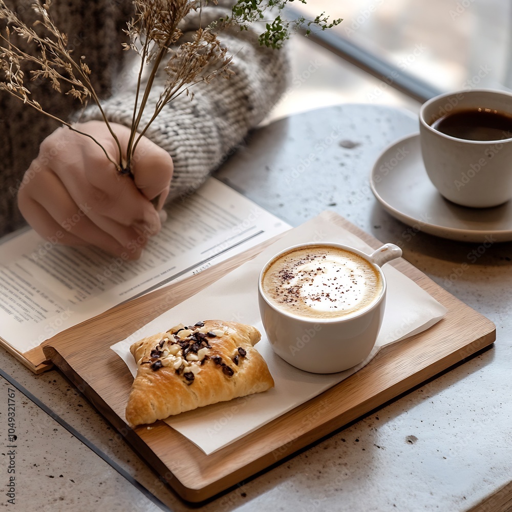Poster morning setup with coffee and croissant in cozy atmosphere perfect for relaxation and reading : gene