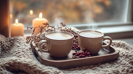 Fototapeta premium Serene Autumn Scene with Steaming Coffee Cups and Candlelit Glow by the Window : Generative AI