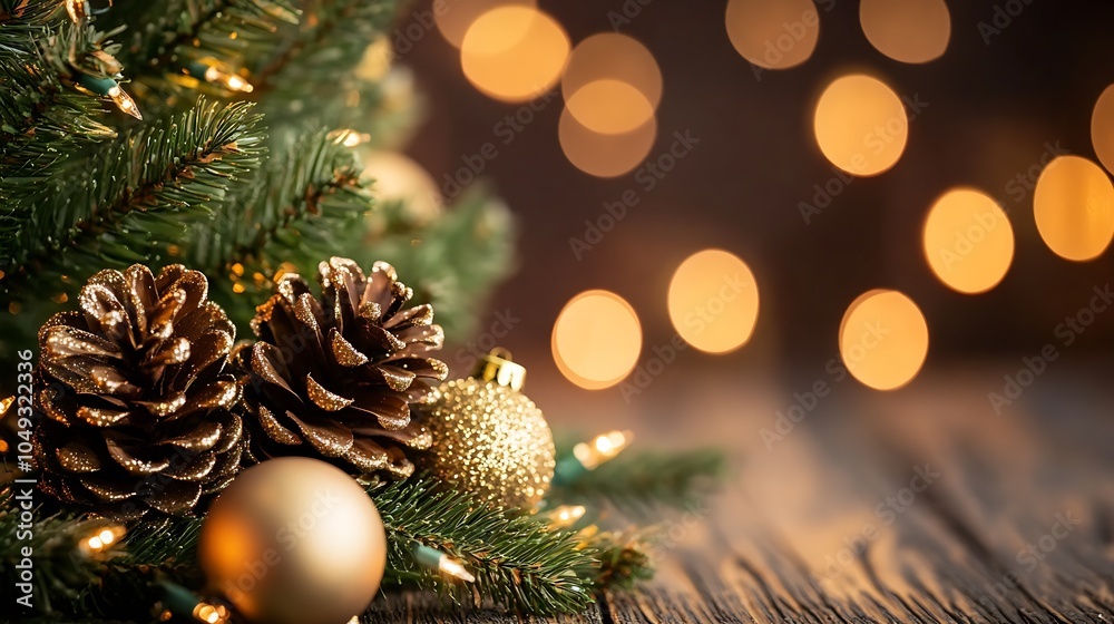Poster elegant christmas pine cones and ornaments on rustic wooden table with warm bokeh lights : generativ