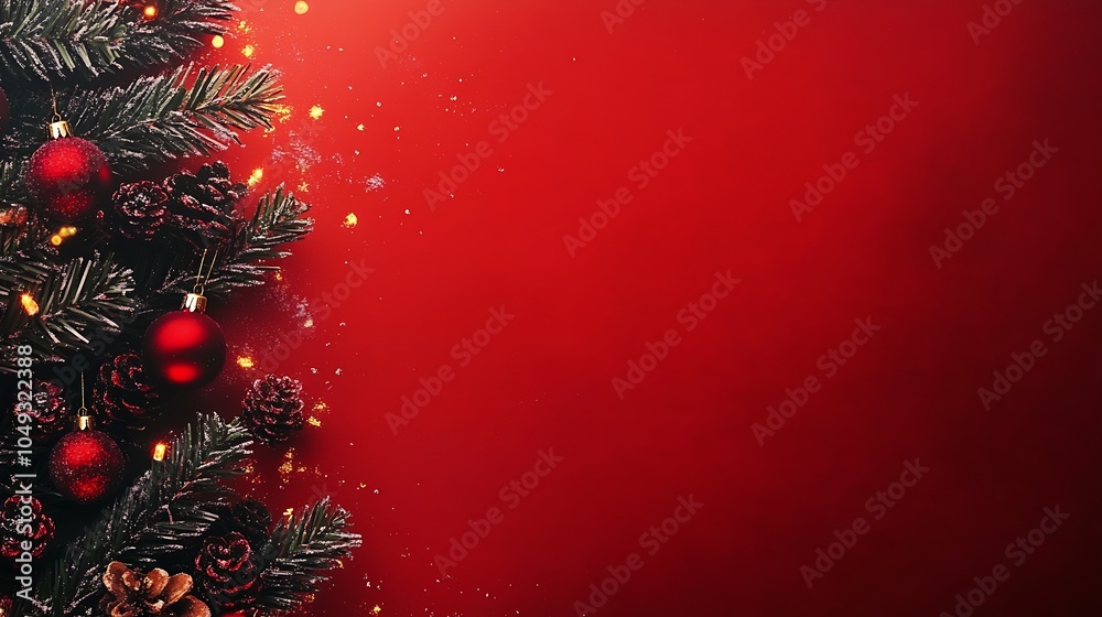 Poster festive christmas tree with red ornaments on vibrant red background with falling snowflakes : genera