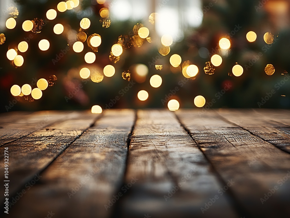 Poster rustic wooden table with festive christmas lights bokeh in cozy holiday setting : generative ai
