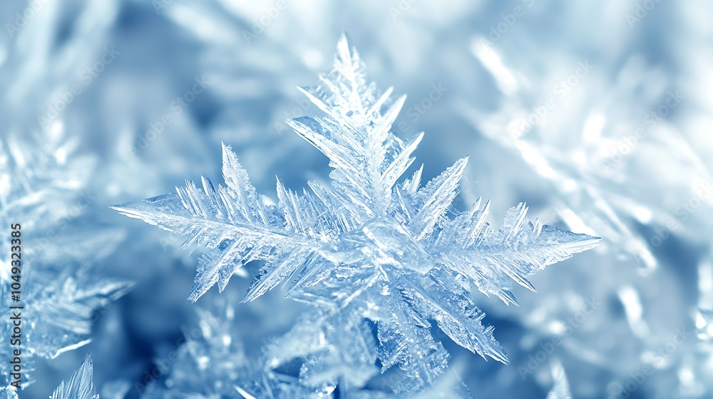 Aufkleber sharp and detailed ice snowflake on snow with subtle blue hues : generative ai