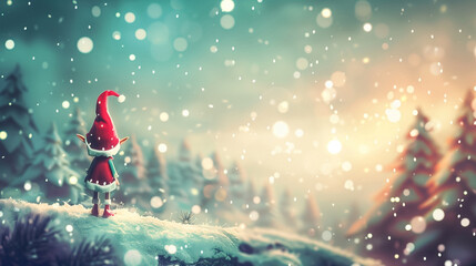 Elf Gazes at Snowy Christmas Village Sunset