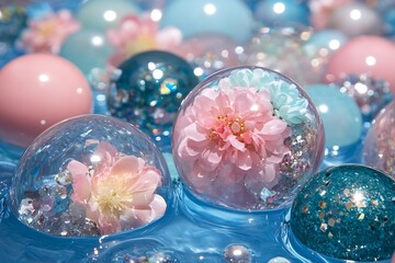Vibrant Pink and Blue Floral Spheres on Water Surface for Dreamy Decor and Designs : Generative AI