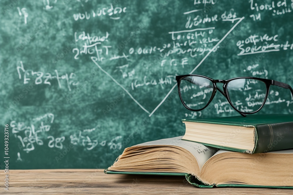 Poster educational classroom chalkboard with math formulas and reading glasses on books : generative ai