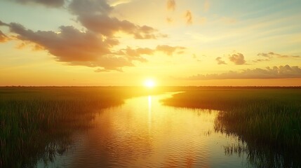 Obraz premium Serene Sunset Over Flowing River with Vibrant Clouds in Tranquil Landscape Setting : Generative AI