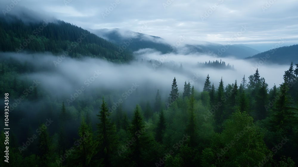 Poster mystical mountain forest with lush green trees and low hanging mist : generative ai