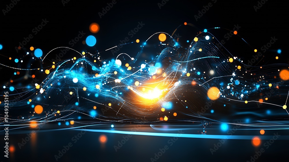 Poster Futuristic Digital Data Flow with Vibrant Light Trails and Particle Effects : Generative AI
