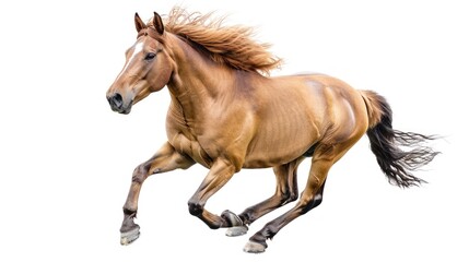 A brown horse with a flowing mane and tail galloping in mid-air