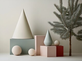 Modern Minimalist Christmas Decor with Geometric Elements and Pastel Tones : Generative AI