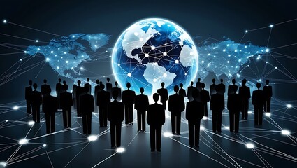 There is a large group of silhouette black people icon connected to a sphere, detailed photo of virtual world, networking 