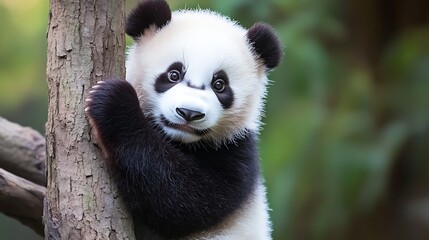Fototapeta premium Playful Giant Panda Cub Climbing a Tree with Bright Eyes and Fluffy Coat : Generative AI