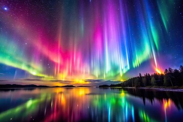 A stunning rainbow-colored aurora borealis display in the night sky, northern lights, celestial, colorful