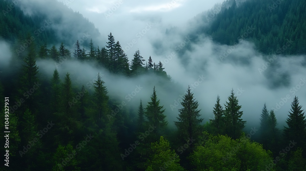 Poster lush green pine forest covered in mystical fog in the mountainous region : generative ai