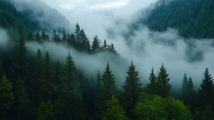 Lush Green Pine Forest Covered in Mystical Fog in the Mountainous Region : Generative AI