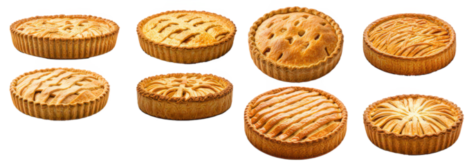 set bundle pie pies delicious collection baking apple cherry pie isolated on transparent background. apple meat pumpkin cherry mixed peach banana minced lemon vanilla caramel pie 