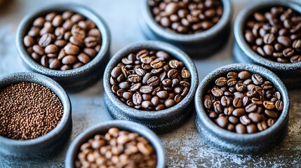 Fototapeta premium Diverse Roasted Coffee Bean Selection in Rustic Gray Bowls for Unique Tasting Adventure : Generative AI