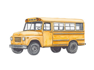 A vintage yellow school bus illustrated on a black background, showcasing its classic design and iconic color.