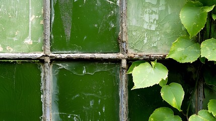 Old weathered green glass window with leafy vine in highresolution detail : Generative AI