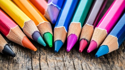 Fototapeta premium Vibrant Assortment of Sharp Colored Pencils Arranged on Rustic Wooden Surface for Creativity : Generative AI