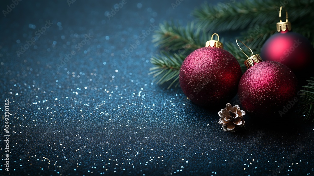 Poster festive red christmas baubles with pine branches on sparkling dark background : generative ai