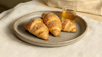 Rustic Breakfast Setting with Croissants, Honey, and Milk