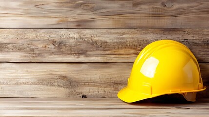 Yellow Hard Hat on Wooden Background Emphasizing Construction Industry Safety and Workplace Preparedness : Generative AI