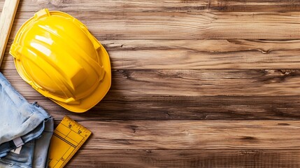 Yellow Hard Hat and Measurement Tools on Rustic Wooden Surface for Construction Safety : Generative AI