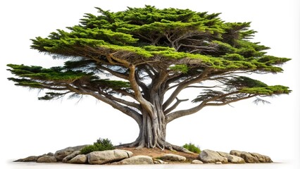 Monterey cypress tree isolated on white background in forced perspective