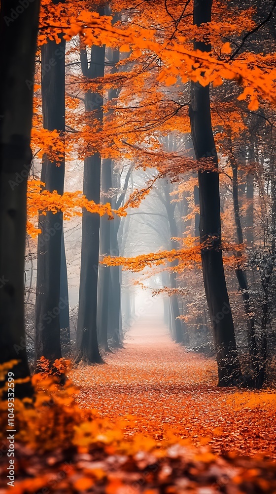 Poster idyllic fall forest path lined with majestic trees and bright leaves : generative ai