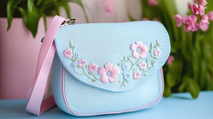 Charming Blue Purse with Floral Embroidery Design