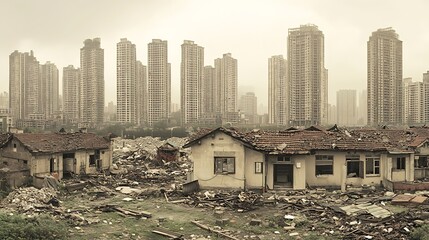 Fototapeta premium Abandoned Urban Area with Dilapidated Buildings and Modern City Skyline : Generative AI
