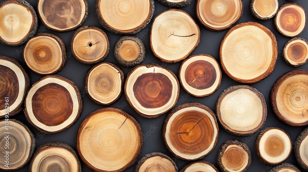 Aufkleber Artistic arrangement of sliced wooden tree trunk sections showcasing unique textures on dark background : Generative AI