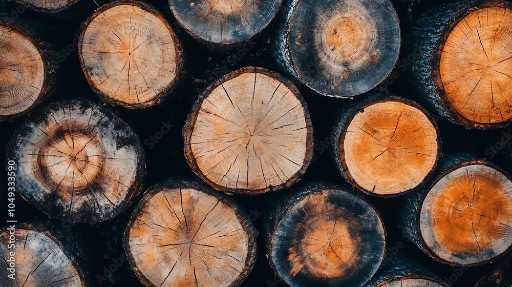 Poster Closeup of Stacked Natural Wooden Logs Showcasing Unique Tree Ring Patterns and Textures : Generative AI