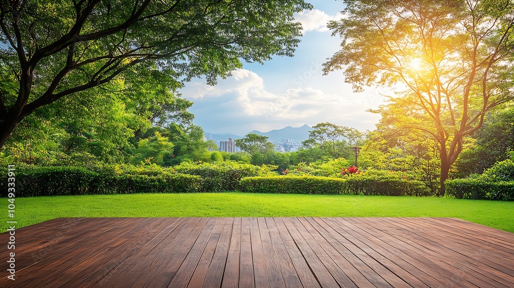 Poster serene panoramic view of lush green park landscape with wooden deck and sunlight filtering through l
