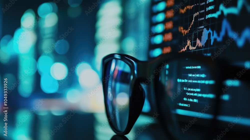 Poster close-up of financial data on screen with reading glasses on desk in modern office, capturing busine