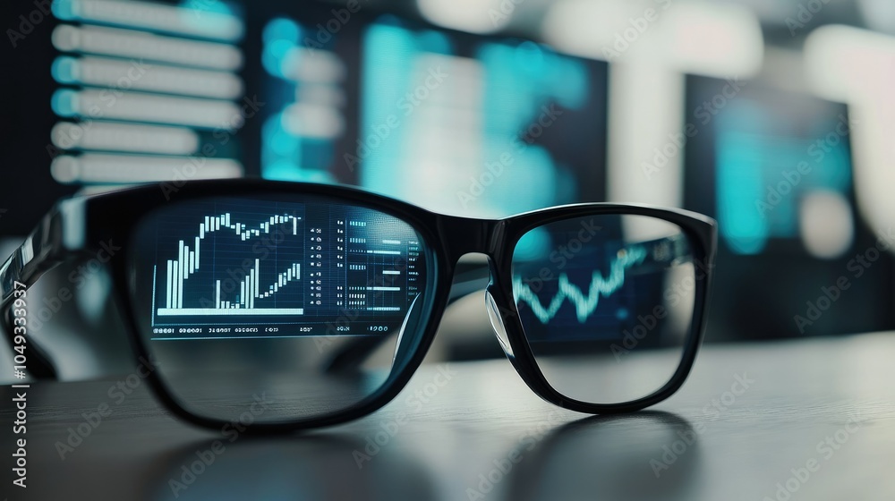 Poster close-up of financial data on screen with reading glasses on desk in modern office, capturing busine
