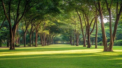 Obraz premium Peaceful Park with Aligned Trees and Green Grass Representing Tranquility and Nature Relaxation : Generative AI
