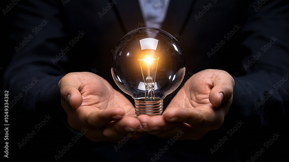 Poster closeup of hands holding illuminated light bulb symbolizing innovation creativity and ideas : genera