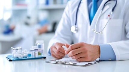 Fototapeta premium Doctor writing patient notes at desk in modern healthcare clinic with focus on medication management : Generative AI