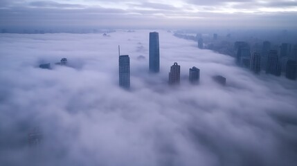 Enigmatic Skyscrapers Emergent from Thick Fog Pervading a Vast Urban Cityscape : Generative AI